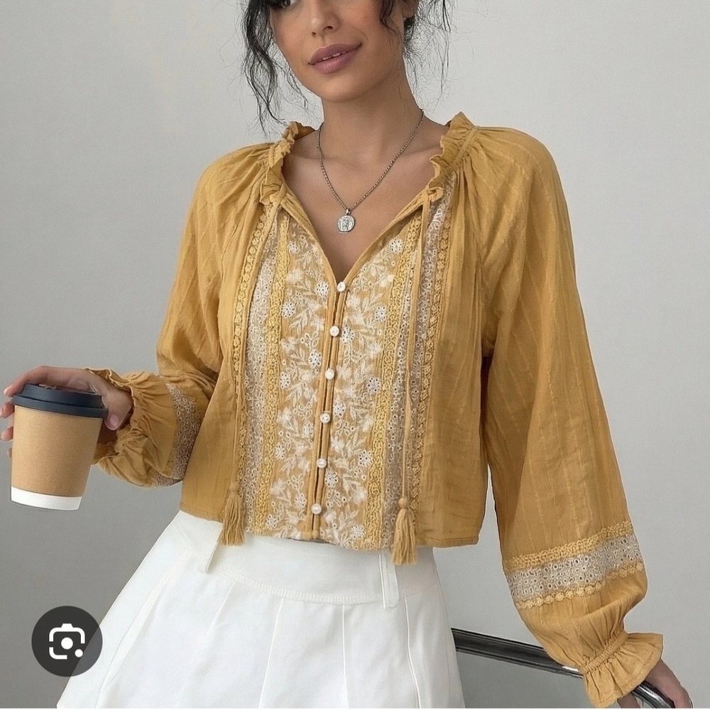 American Eagle Outfitters Yellow Embroidered Blouse